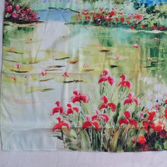 Vimate | New silk scarf green floral watercolor 34” x 34” square scarf - Picture 2 of 8